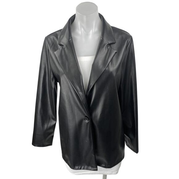 Women's Black Faux Leather Vegan Long Sleeve Blazer Suit Coat Jacket Size M - Picture 1 of 3